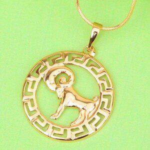 "Zodiac Ram Rose Gold Round Pendant in Geometric Border Design, XPPT1328